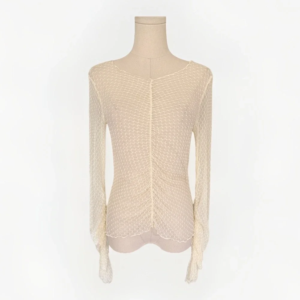 Oak + Fort Sheer Cream Mesh Long Sleeve Top XS/S Ruched Sleeve Boho Fairy Preppy